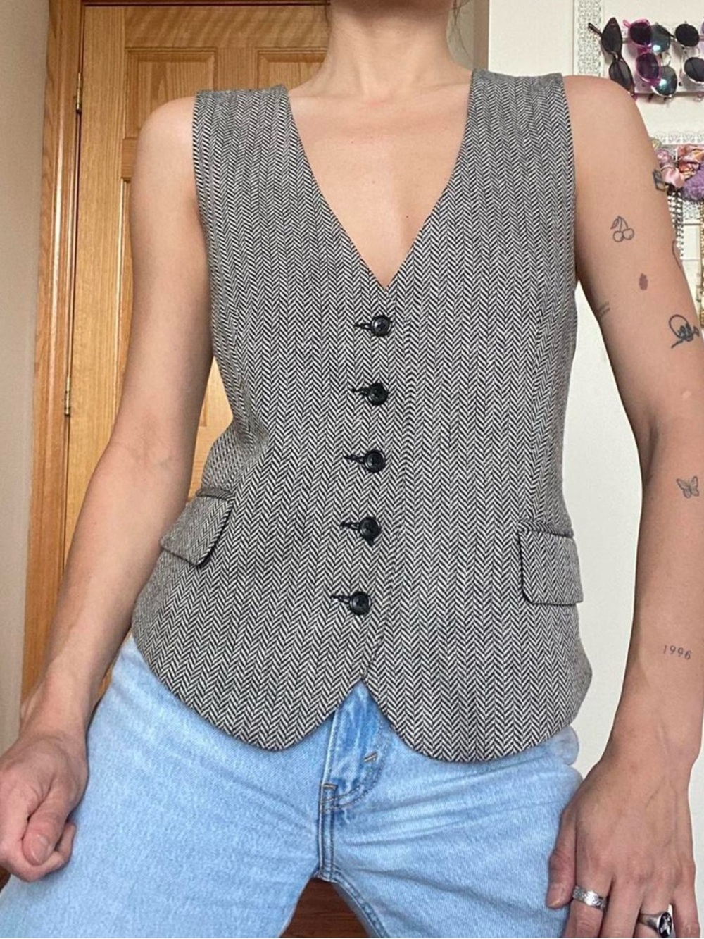 Vintage Vest in Black & White Herringbone